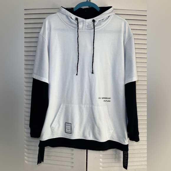 GurunVani Other - GurunVani WHITE / BLACK Layered Patchwork Contrast Hoodie Sweatshirt Men's L